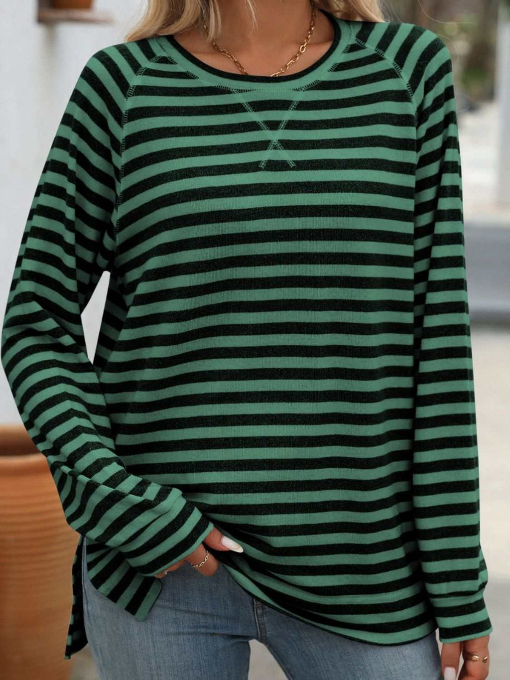 Striped Round Neck Long Sleeve T-Shirt - Primrose Signature Boutique