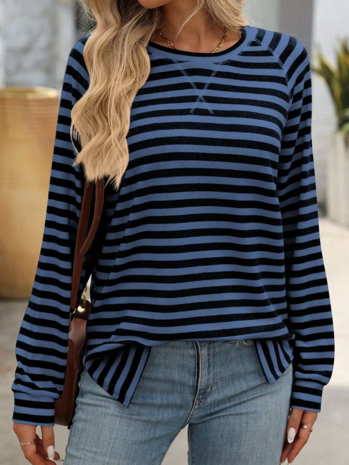 Striped Round Neck Long Sleeve T-Shirt - Primrose Signature Boutique