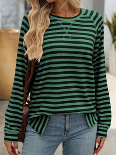 Striped Round Neck Long Sleeve T-Shirt - Primrose Signature Boutique