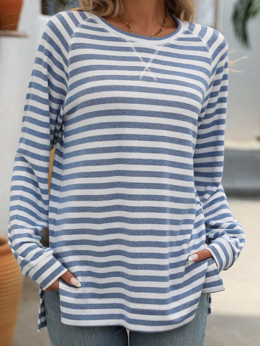Striped Round Neck Long Sleeve T-Shirt - Primrose Signature Boutique