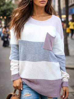 Striped Round Neck Sweater with Pocket - Primrose Signature Boutique