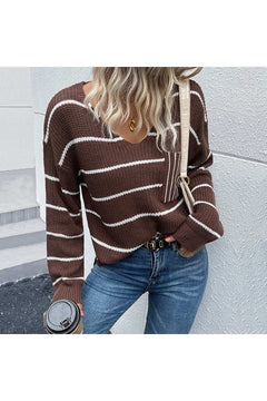 Striped V - Neck Slit Dropped Shoulder Sweater - Primrose Signature Boutique