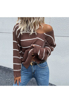 Striped V - Neck Slit Dropped Shoulder Sweater - Primrose Signature Boutique