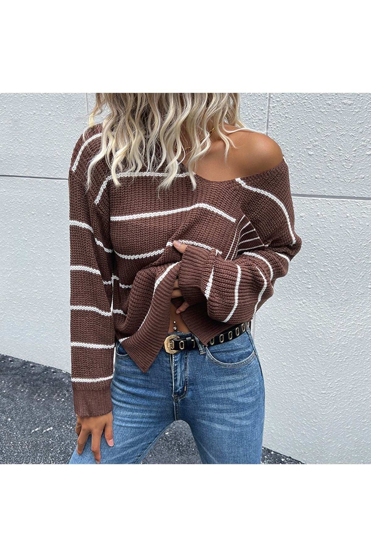 Striped V - Neck Slit Dropped Shoulder Sweater - Primrose Signature Boutique