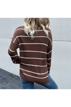 Striped V - Neck Slit Dropped Shoulder Sweater - Primrose Signature Boutique