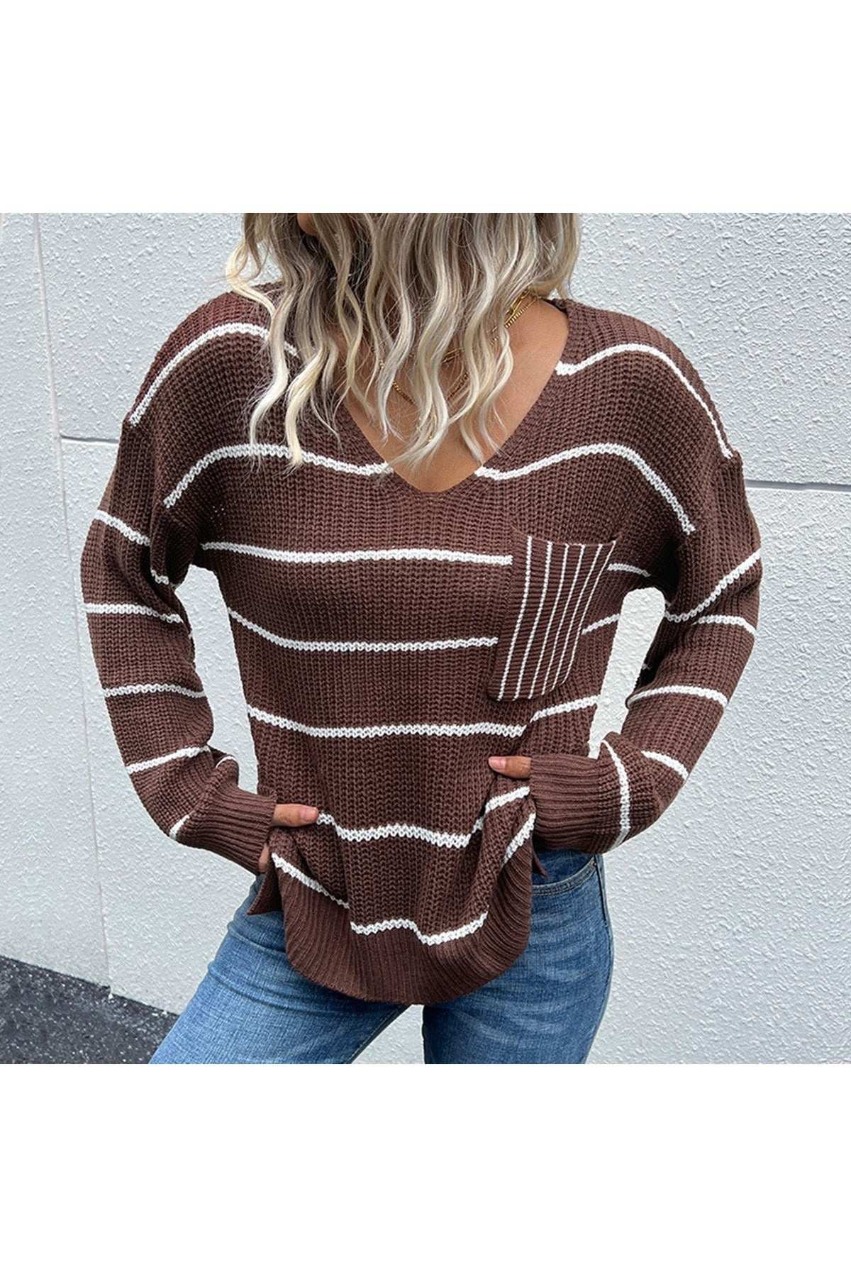 Striped V - Neck Slit Dropped Shoulder Sweater - Primrose Signature Boutique
