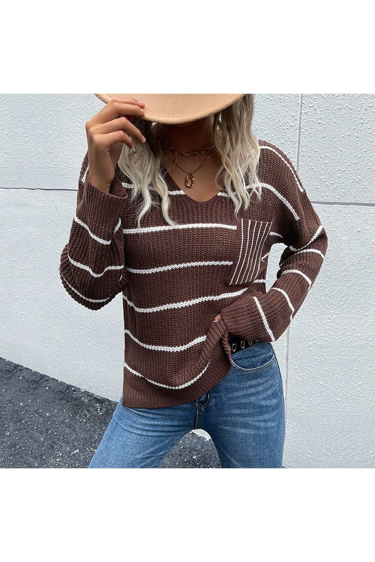 Striped V - Neck Slit Dropped Shoulder Sweater - Primrose Signature Boutique