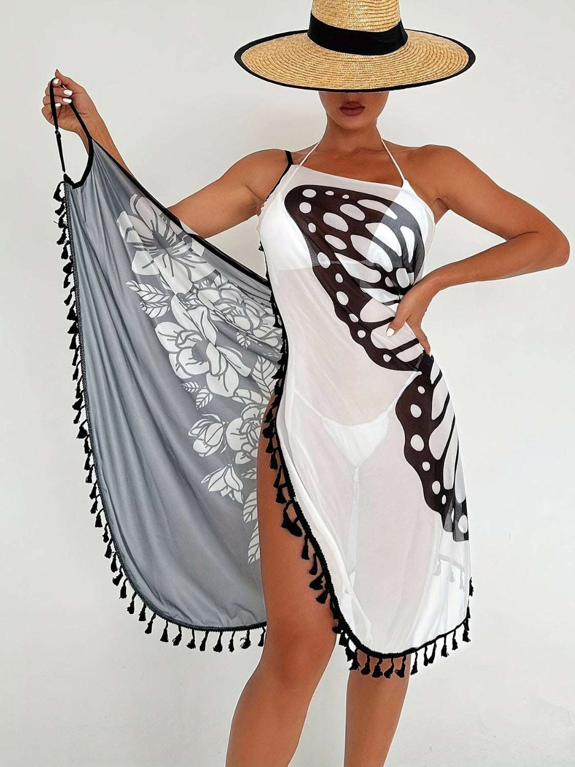 Tassel Printed Spaghetti Strap Cover Up - Primrose Signature Boutique