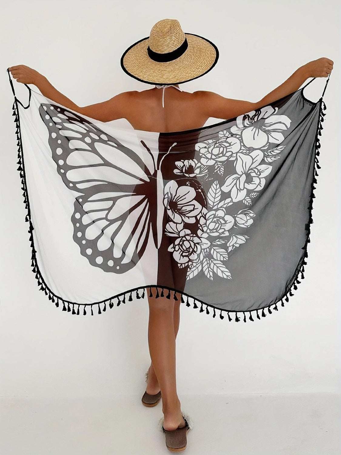 Tassel Printed Spaghetti Strap Cover Up - Primrose Signature Boutique