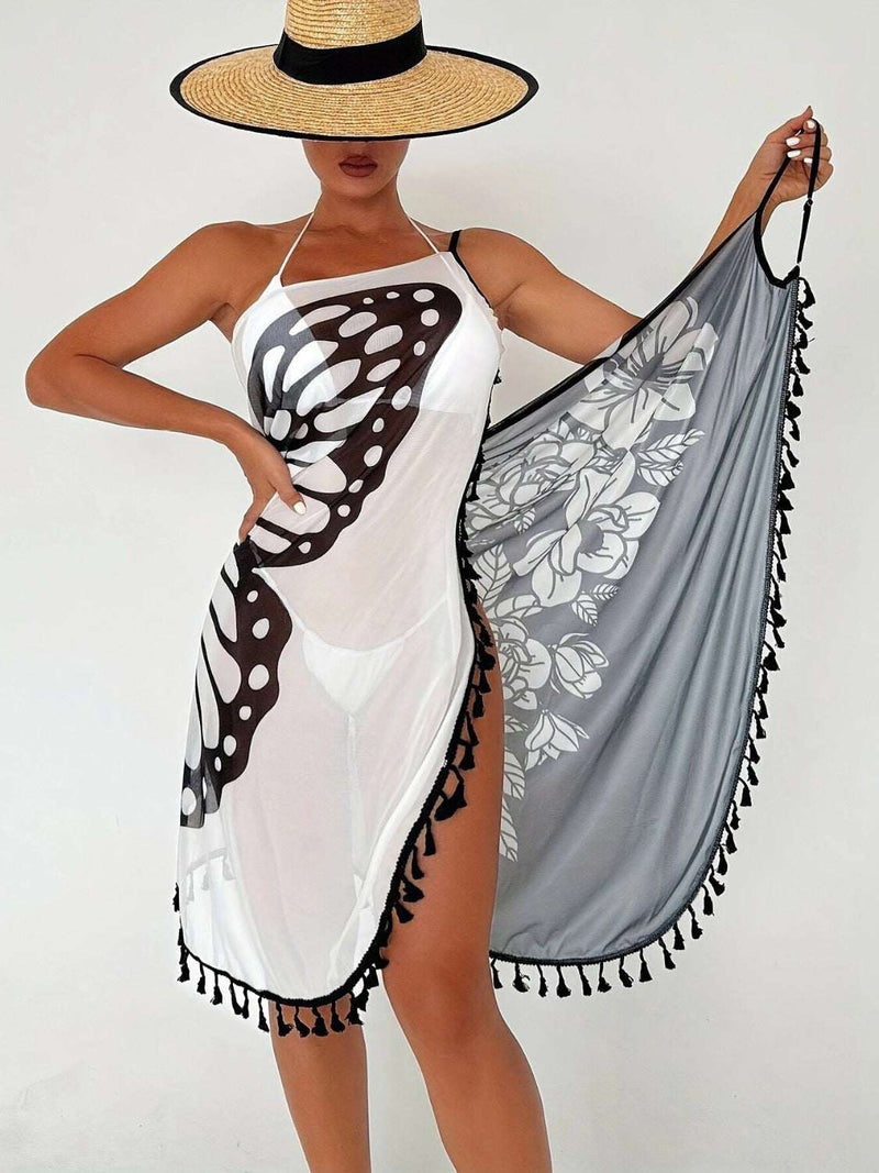 Tassel Printed Spaghetti Strap Cover Up-zoom-