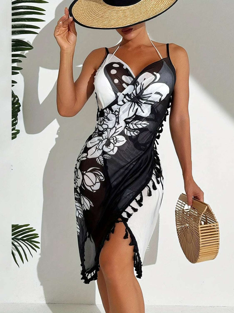 Tassel Printed Spaghetti Strap Cover Up-zoom-