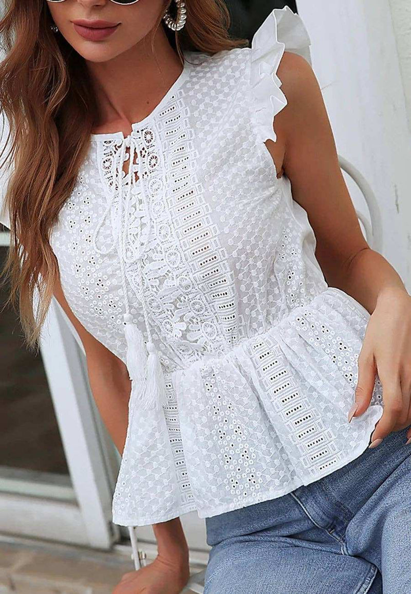 Tassel Tie Eyelet Peplum Top-zoom-
