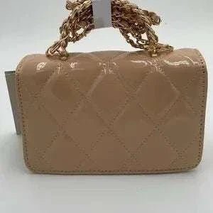 Taupe quilted bag with V lock by Valentino Orlandi, featuring chic design and gold chain - Primrose Signature Boutique