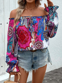 Tied Ruffled Printed Off - Shoulder Long Sleeve Blouse - Primrose Signature Boutique