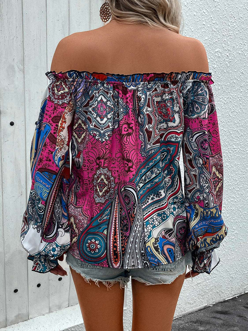 Tied Ruffled Printed Off - Shoulder Long Sleeve Blouse - Primrose Signature Boutique