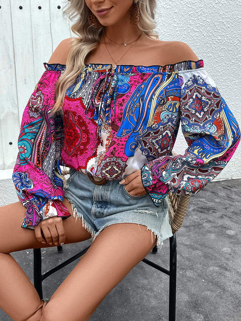 Tied Ruffled Printed Off - Shoulder Long Sleeve Blouse - Primrose Signature Boutique