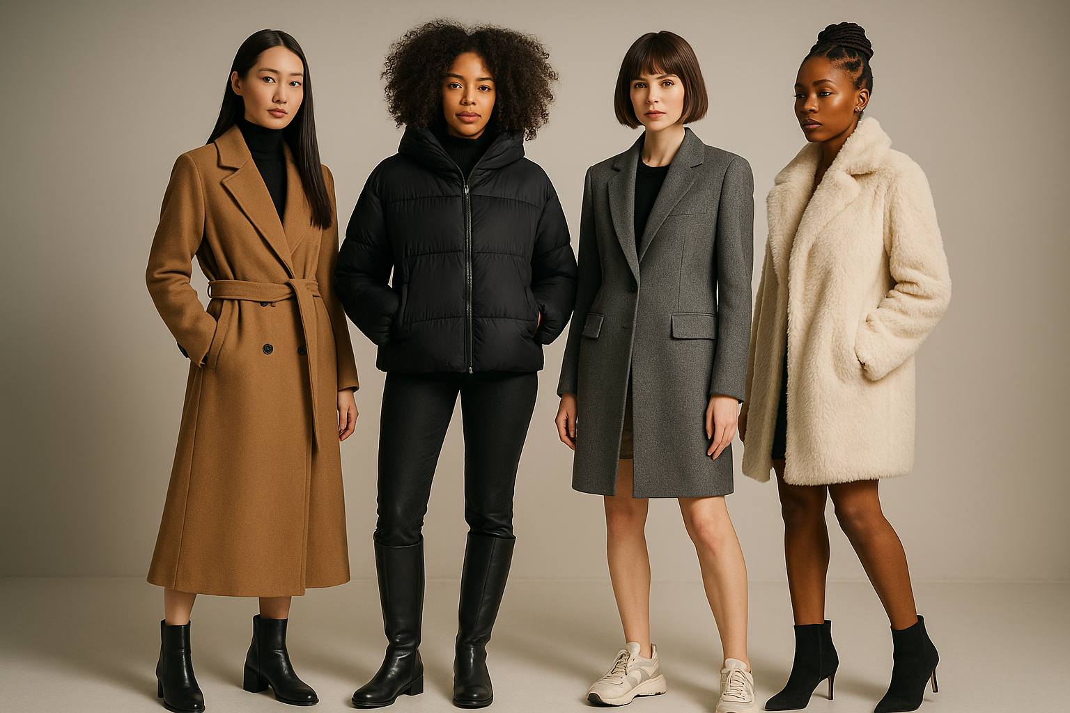 trendy multiple fashion models coats different shoes different hair styles 