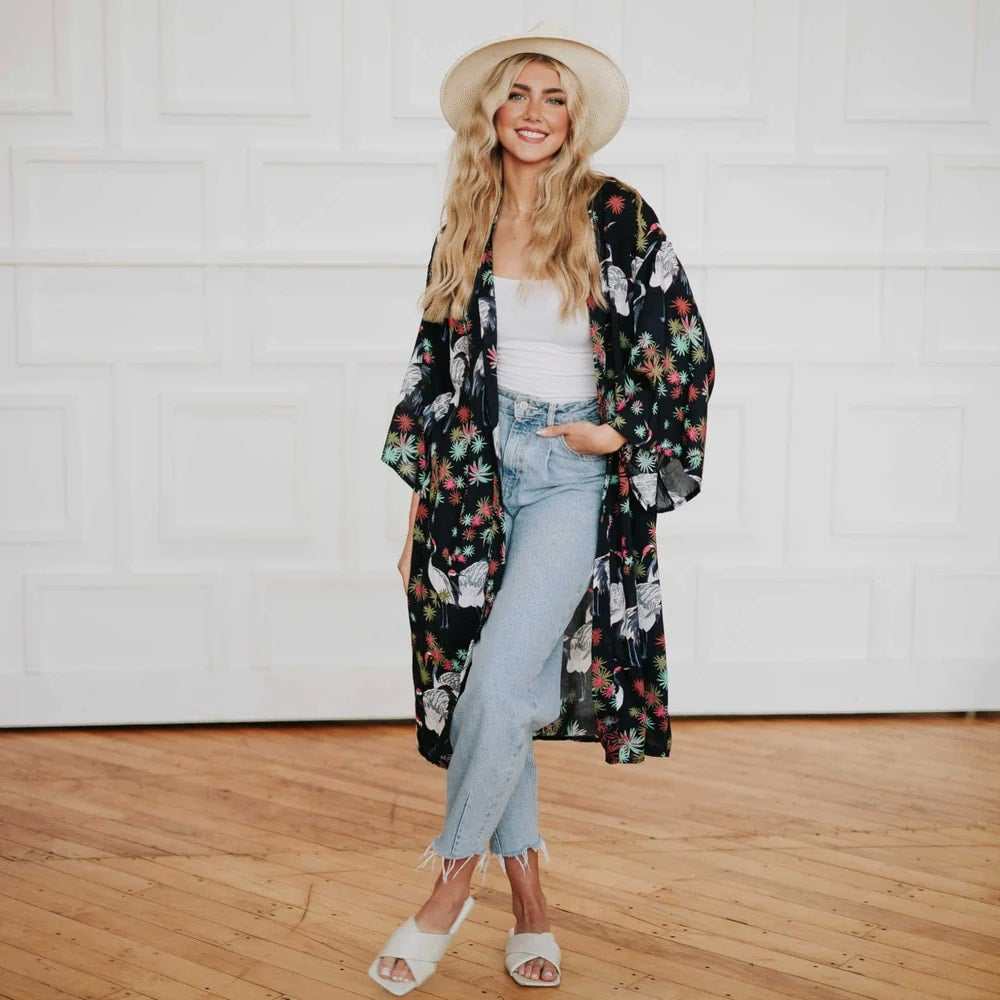 Tropical Birds Tie Front Kimono - Primrose Signature Boutique