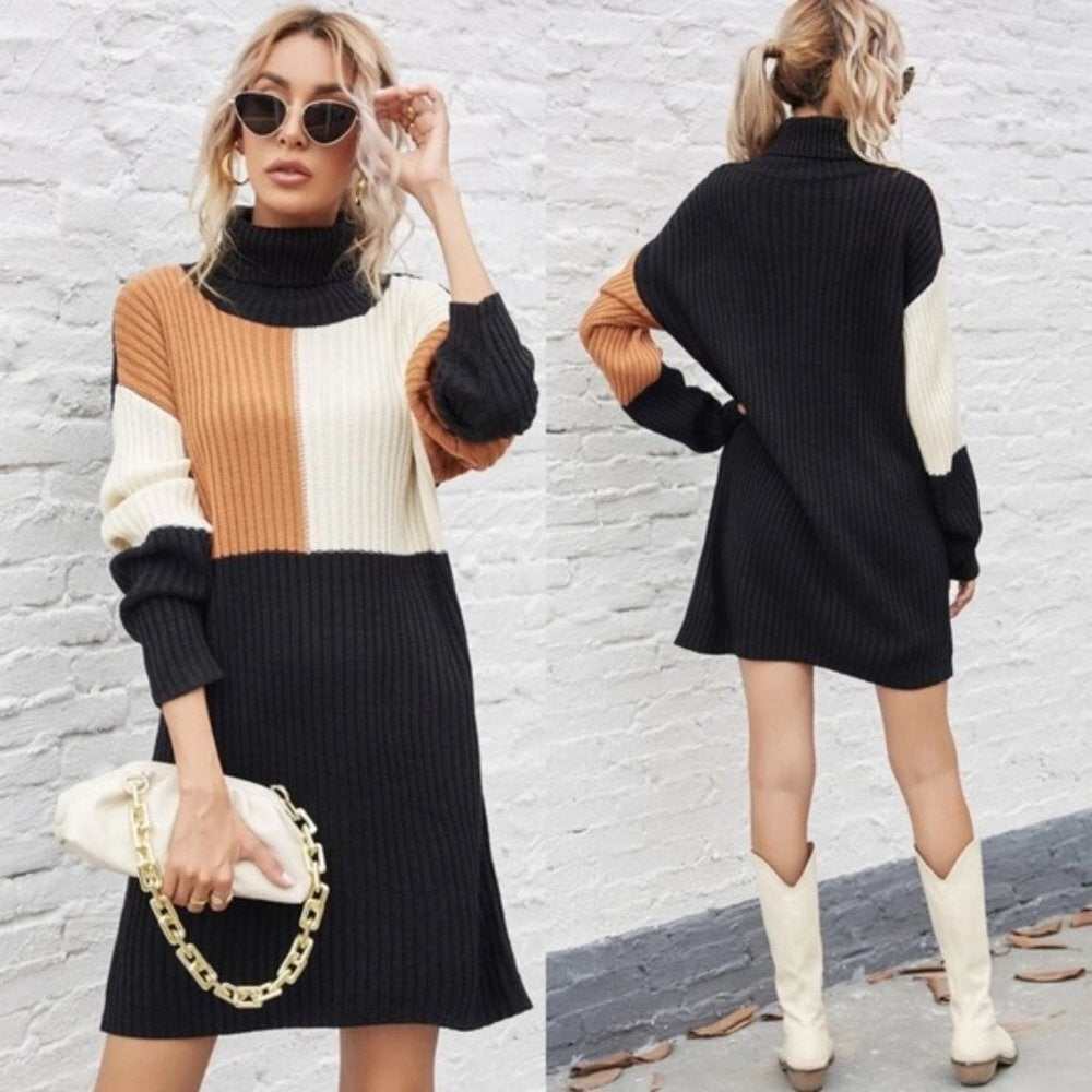 Turtleneck color block sweater dress-zoom-1