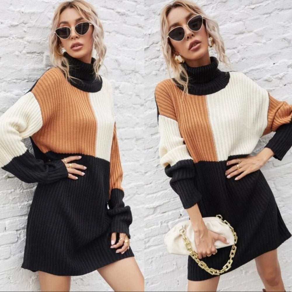 Turtleneck color block sweater dress-zoom-3