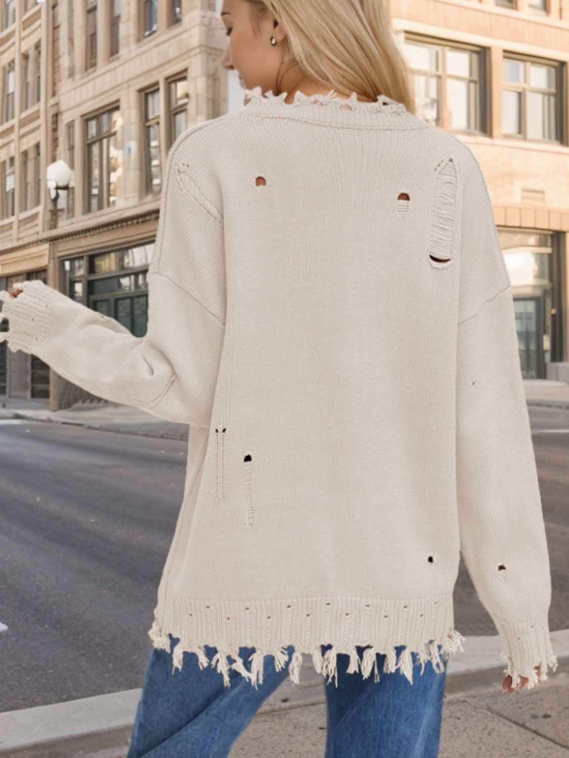 US Flag Distressed Round Neck Long Sleeve Sweater - Primrose Signature Boutique