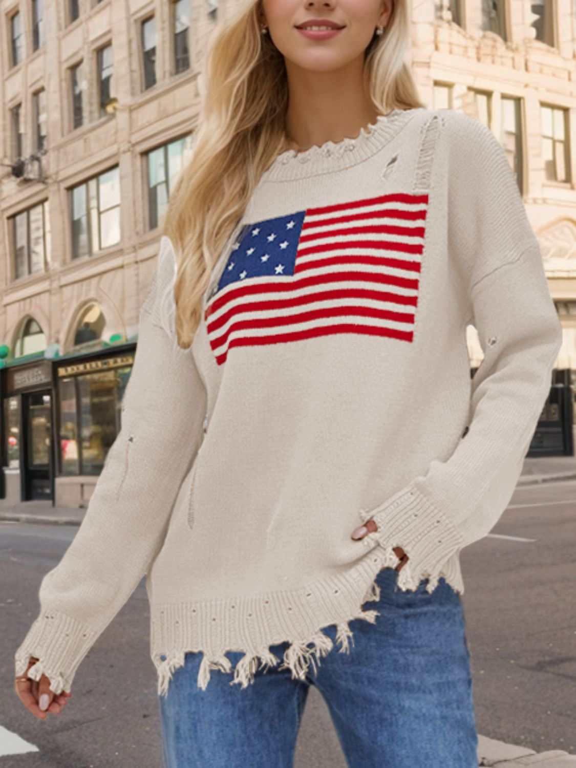 US Flag Distressed Round Neck Long Sleeve Sweater - Primrose Signature Boutique