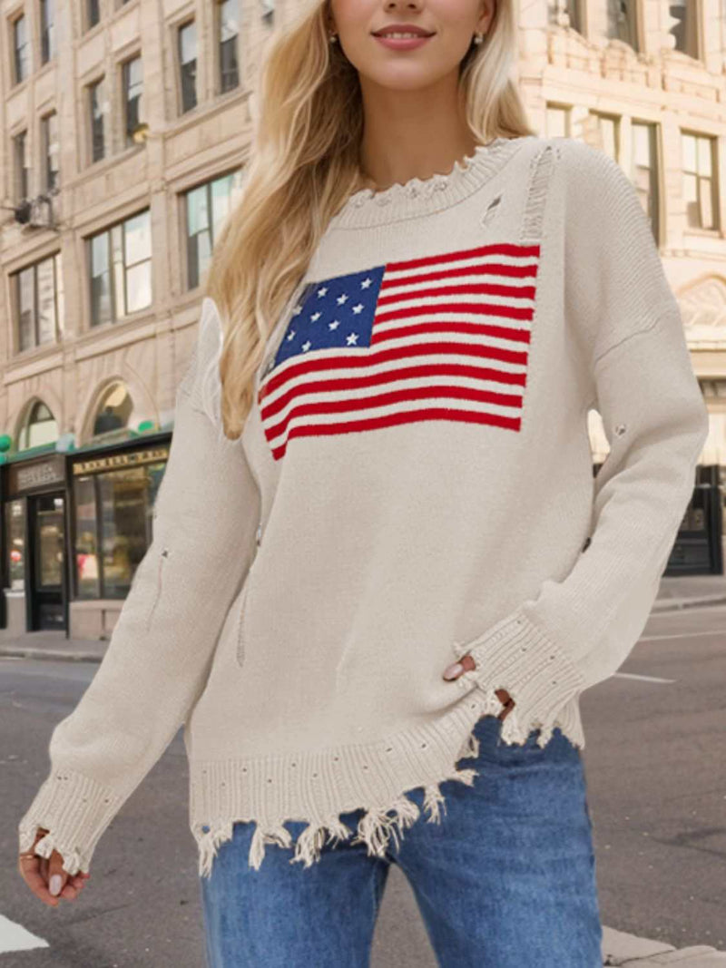 Pullover mit Rundhalsausschnitt und langen Ärmeln im Distressed-Look mit US-Flagge-zoom-