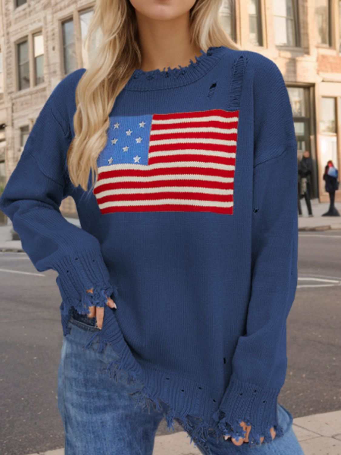 US Flag Distressed Round Neck Long Sleeve Sweater - Primrose Signature Boutique