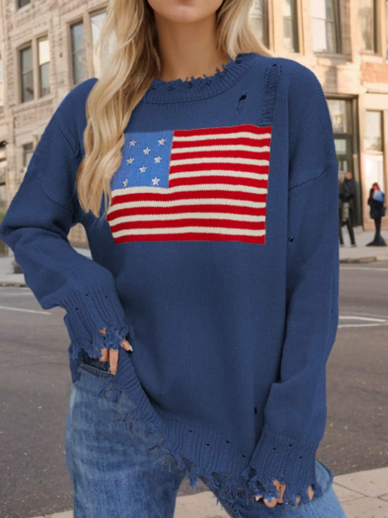 Pullover mit Rundhalsausschnitt und langen Ärmeln im Distressed-Look mit US-Flagge-zoom-