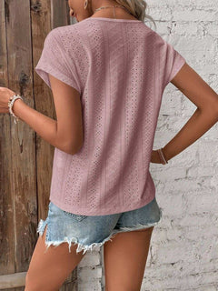 V Neck Lace Edge Eyelet Pattern Top - Primrose Signature Boutique