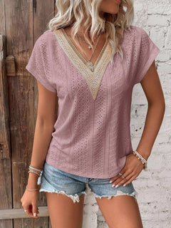 V Neck Lace Edge Eyelet Pattern Top - Primrose Signature Boutique