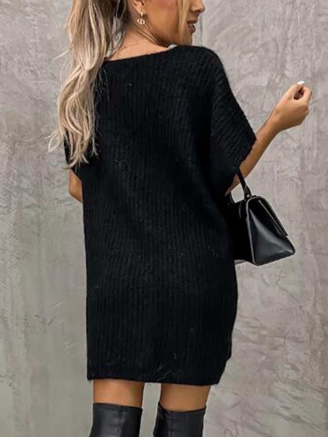 V - Neck Short Sleeve Sweater with Pockets - Primrose Signature Boutique