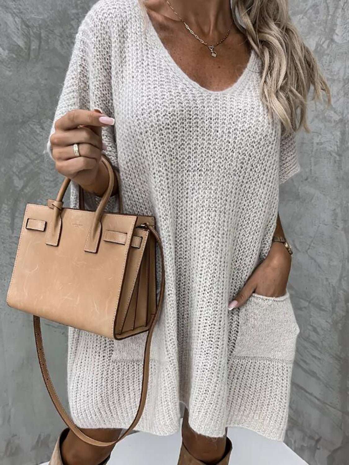 V - Neck Short Sleeve Sweater with Pockets - Primrose Signature Boutique