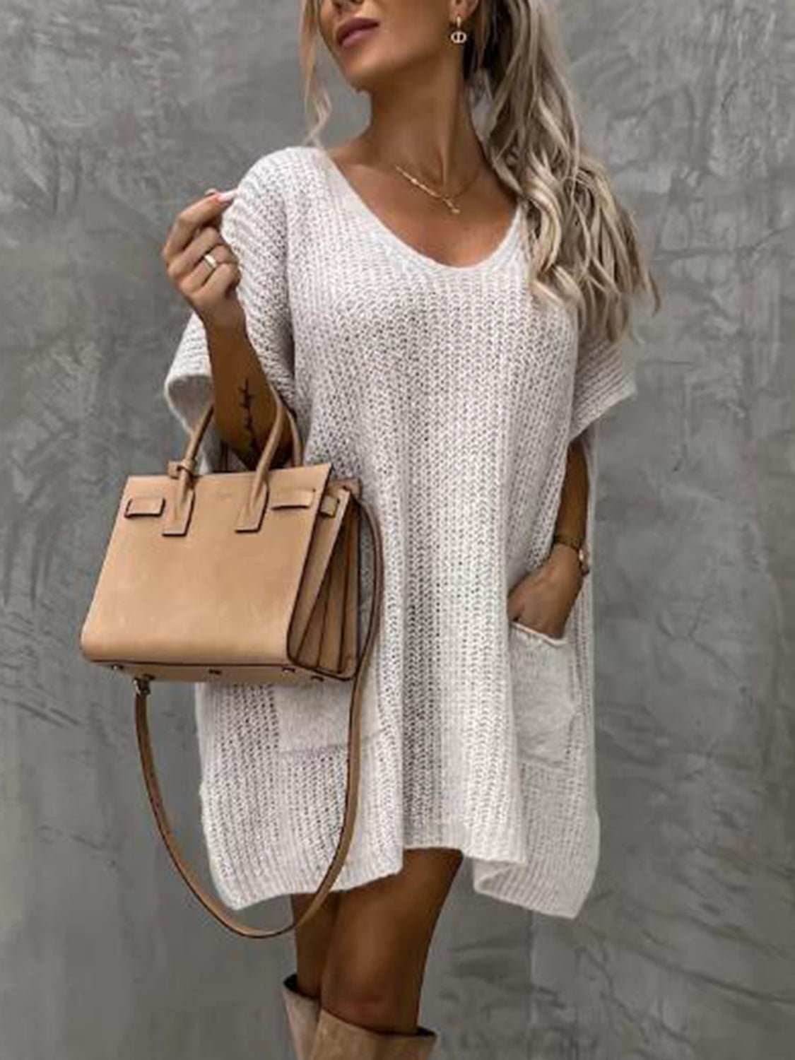 V - Neck Short Sleeve Sweater with Pockets - Primrose Signature Boutique