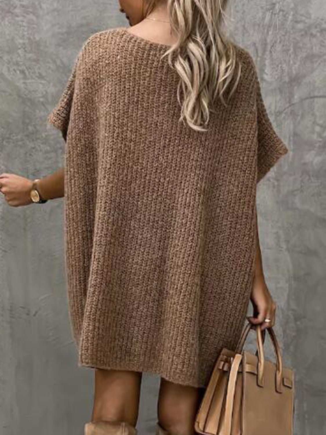 V - Neck Short Sleeve Sweater with Pockets - Primrose Signature Boutique