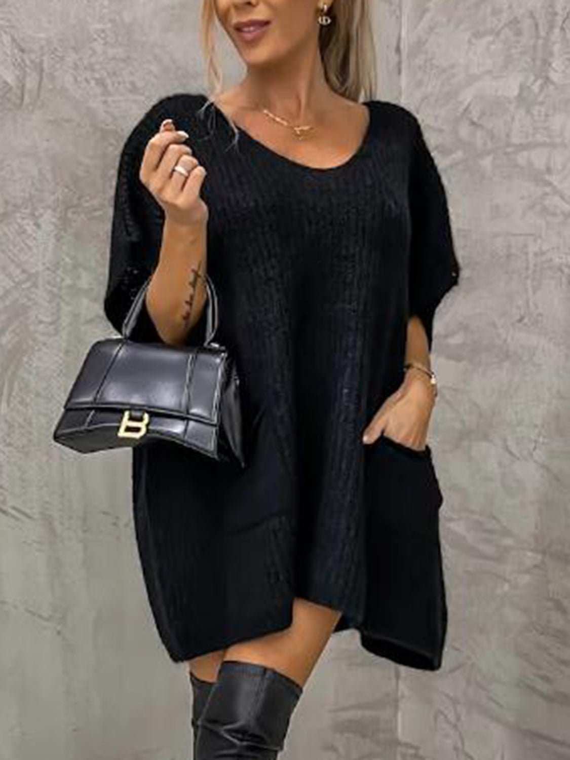 V - Neck Short Sleeve Sweater with Pockets - Primrose Signature Boutique