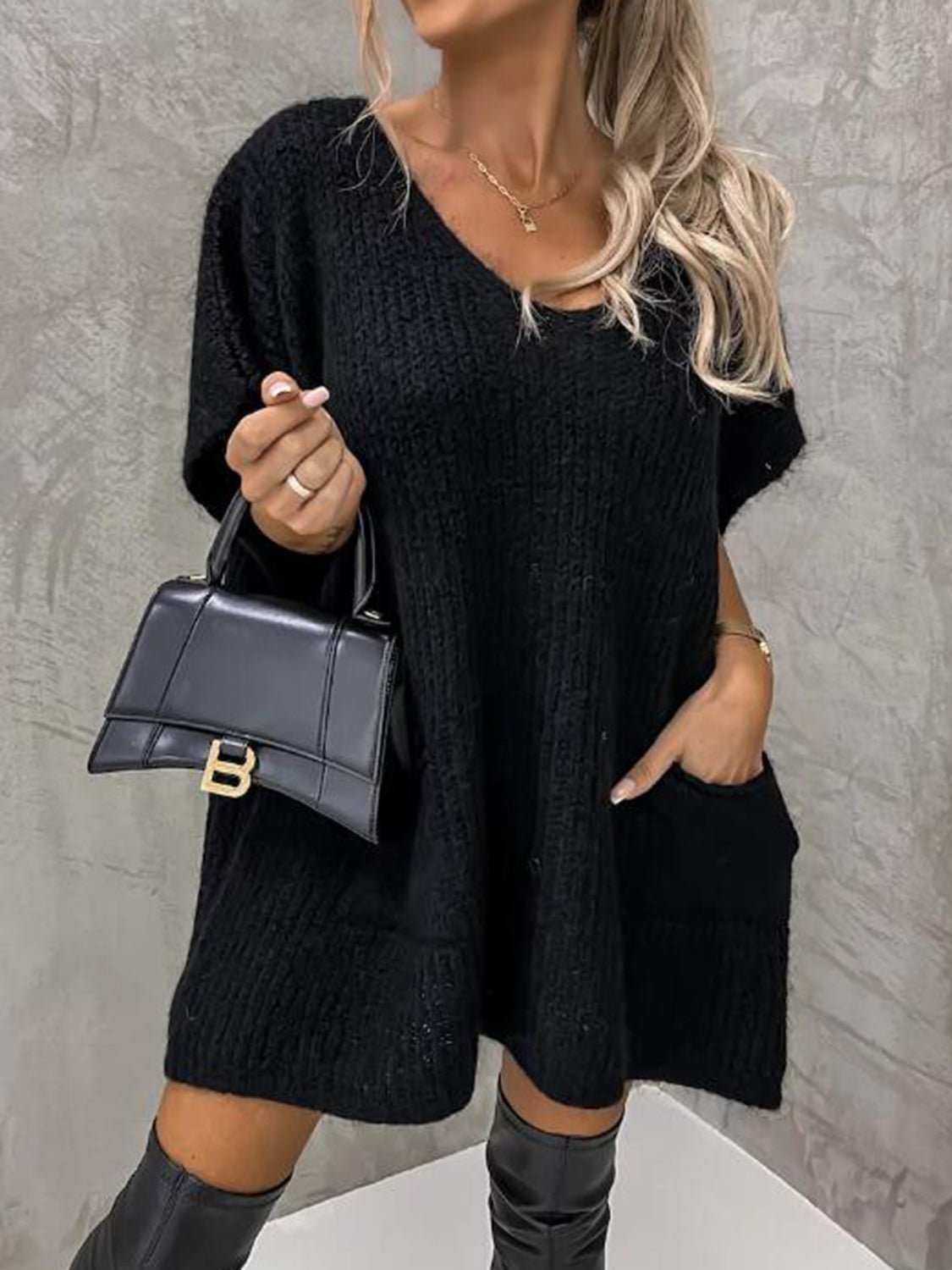 V - Neck Short Sleeve Sweater with Pockets - Primrose Signature Boutique