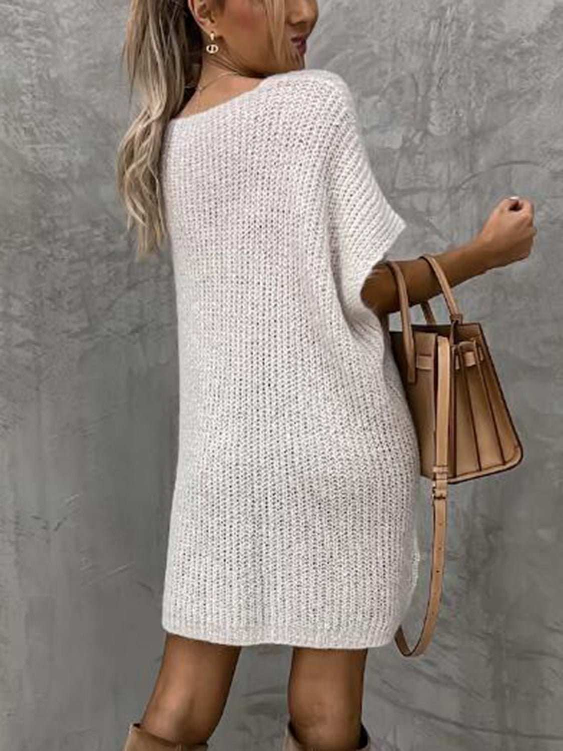 V - Neck Short Sleeve Sweater with Pockets - Primrose Signature Boutique
