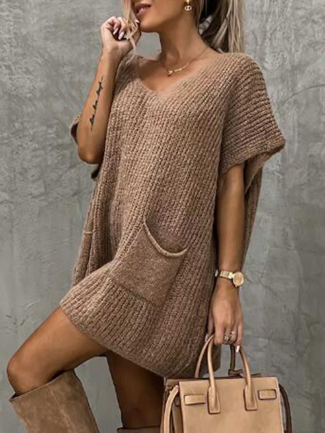 V - Neck Short Sleeve Sweater with Pockets - Primrose Signature Boutique
