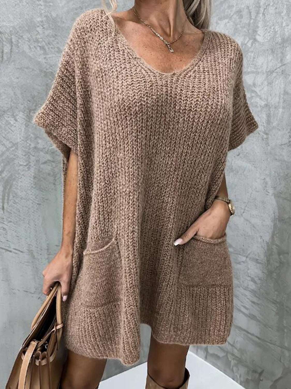 V - Neck Short Sleeve Sweater with Pockets - Primrose Signature Boutique