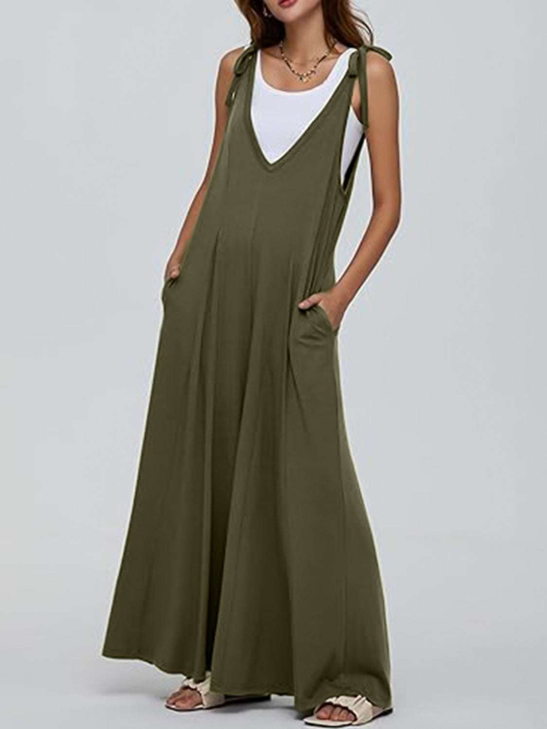 V - Neck Tie Shoulder Jumpsuit - Primrose Signature Boutique