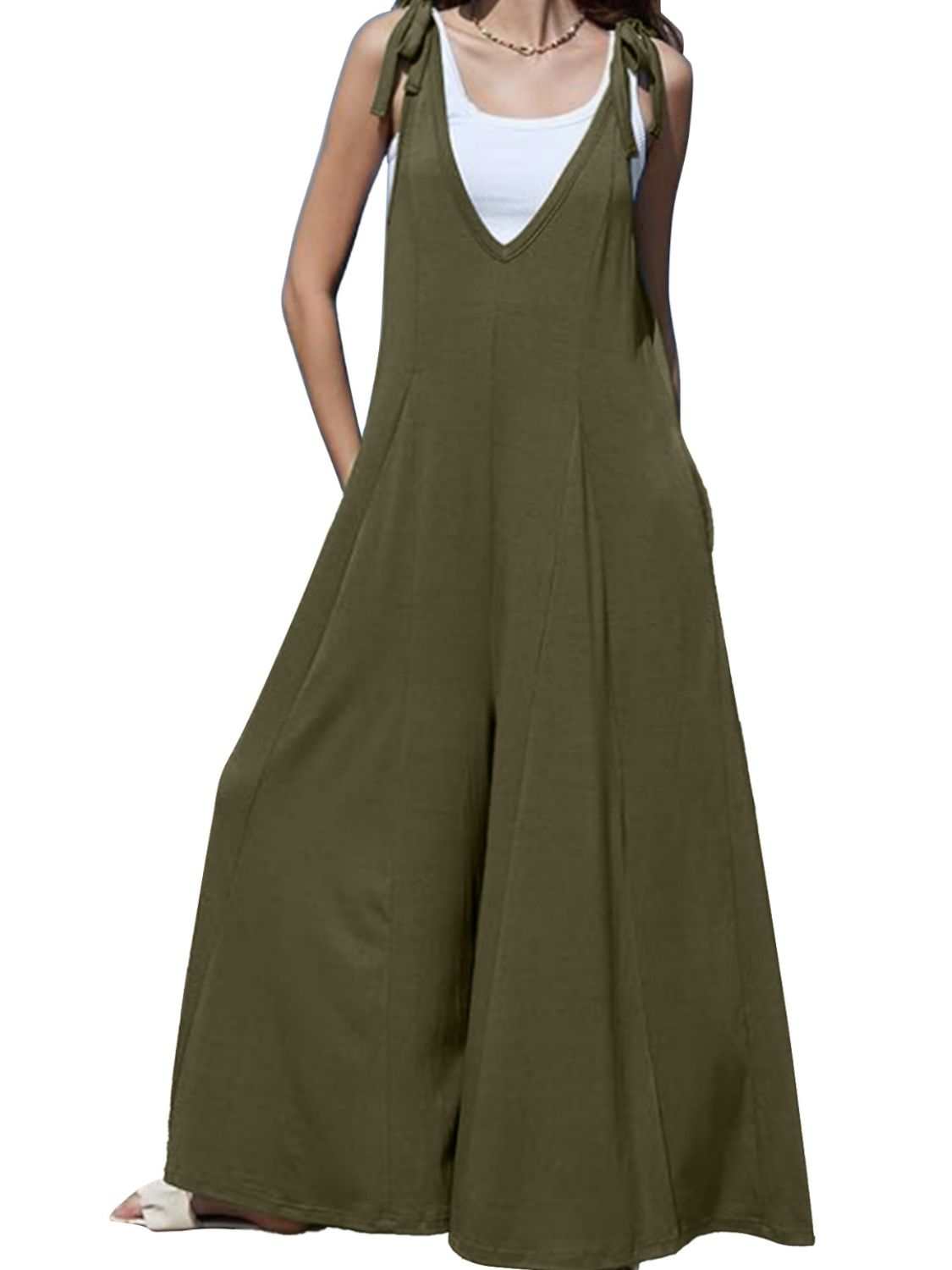 V - Neck Tie Shoulder Jumpsuit - Primrose Signature Boutique