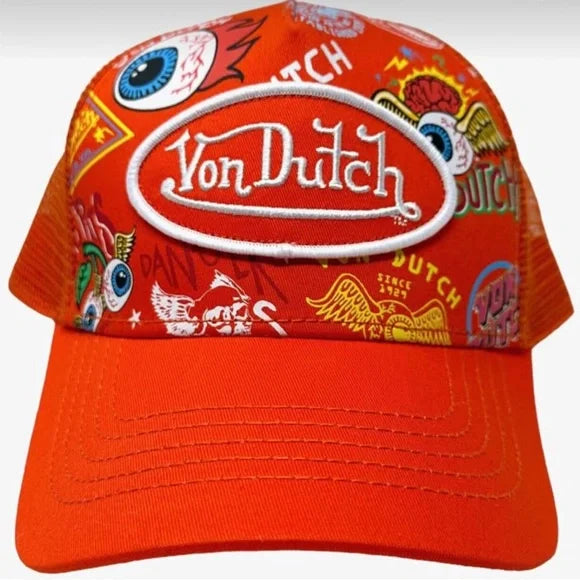 Von Dutch Orange Jax Eye Allover Print Trucker Hat