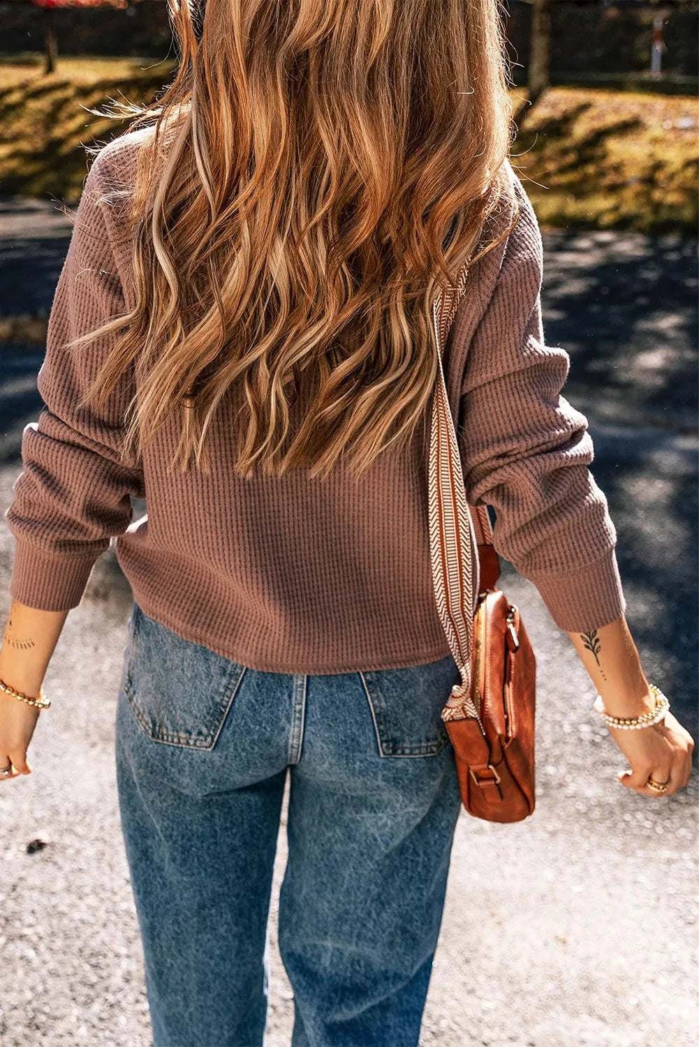 Waffle - Knit Round Neck Long Sleeve Blouse - Primrose Signature Boutique