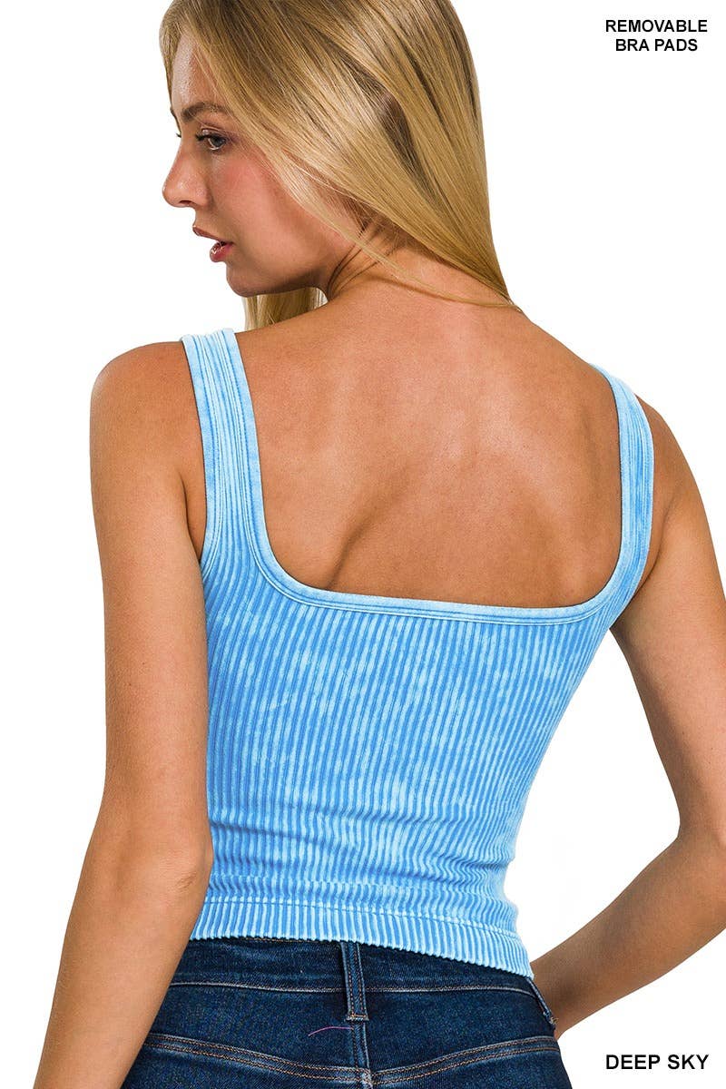 WASHED RIB Deep Sky Blue CROP V - NECK TANK w/ removable bra - Primrose Signature Boutique