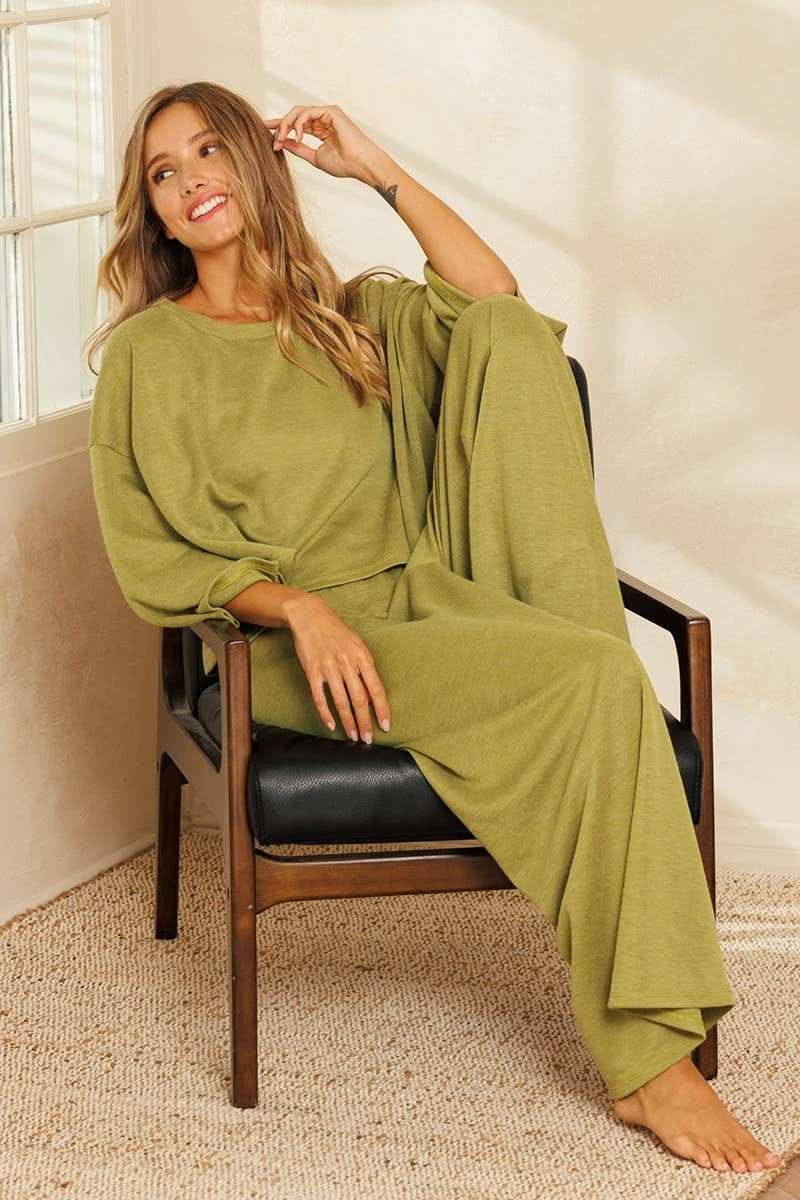 Wide Leg Pants with Cropped Top Set in KIWI - Primrose Signature Boutique