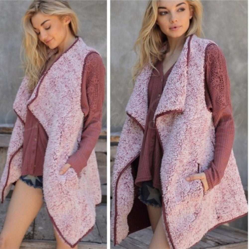 Wine Vegan Faux Fur Sherpa Vest - Primrose Signature Boutique