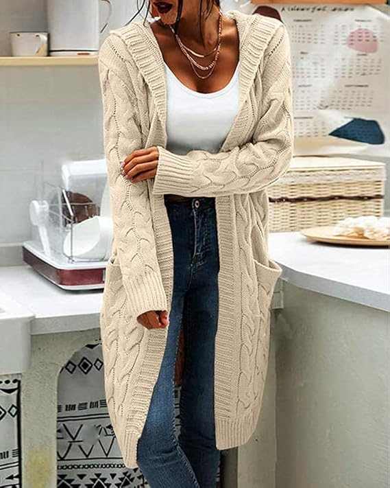 Women Hooded Open Front Cardigan Long Sweater - Primrose Signature Boutique