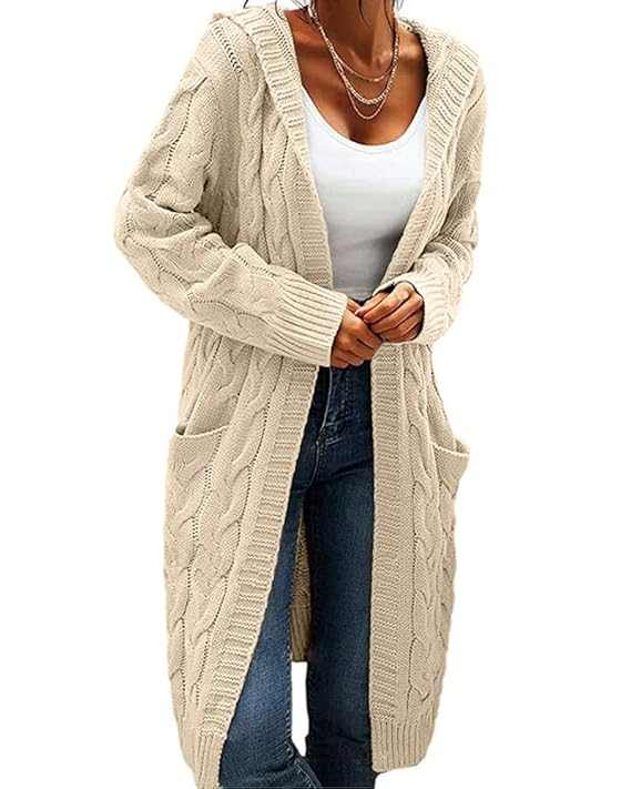 Damen Strickjacke mit Kapuze und offener Vorderseite, langer Pullover-zoom-