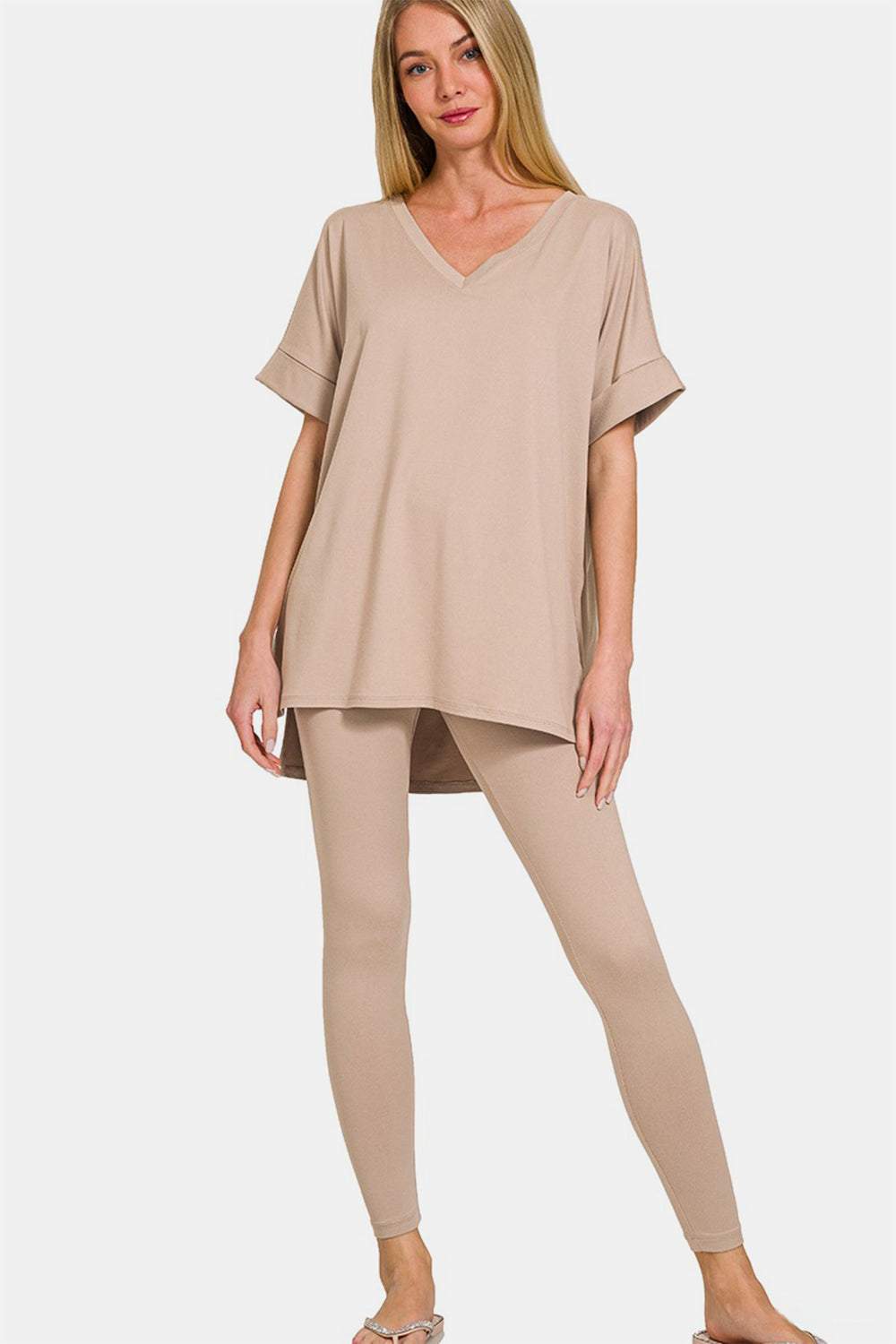 Zenana Full Size V - Neck Rolled Short Sleeve T-Shirt and Leggings Lounge Set - Primrose Signature Boutique